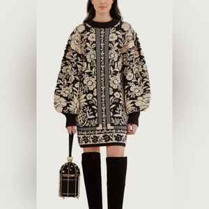 Farm Rio Size M • Black White Pineapple Garden Mini Sweater Dress.